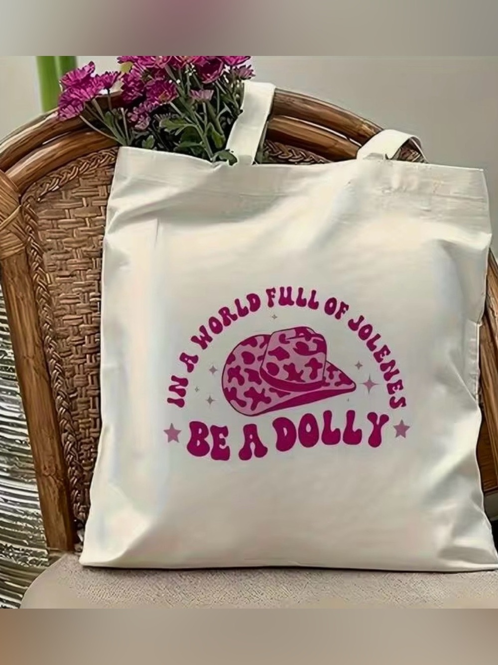 Dolly Parton Tote, Pink "In a World Full of Jolenes, Be a Dolly” & Leopard Hat - Picture 2 of 5